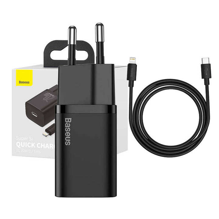 Încărcător Telefon Baseus 20W Super Si cu Cablu Lightning, USB C, 1m, Negru