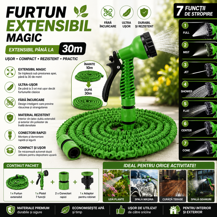 Furtun Extensibil Magic 30 m cu Pistol de Stropire 7 Funcții, Conectori Rapizi, Verde